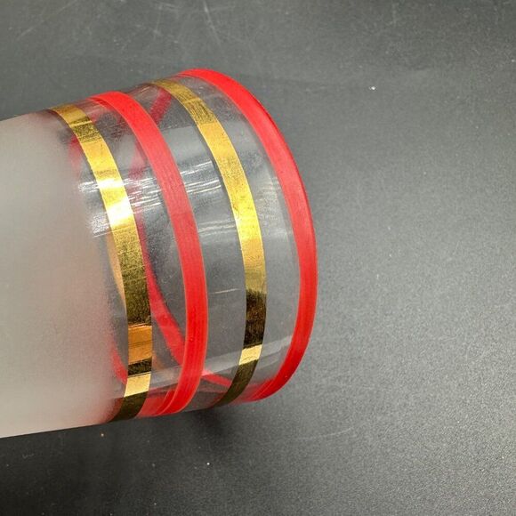 MCM Cordial Shot Glasses Frosted Footed Striped Red Gold Rimmed Set Vtg 1940s - Picture 8 of 12